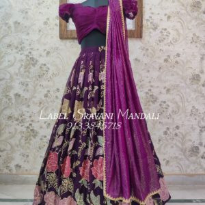 Wine colour floral embroidered lehenga with pleated crop top