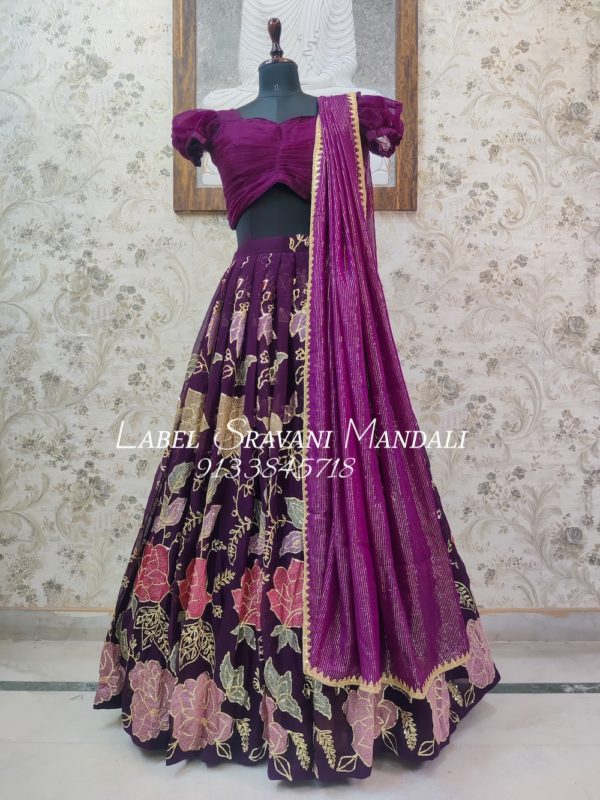 Wine colour floral embroidered lehenga with pleated crop top